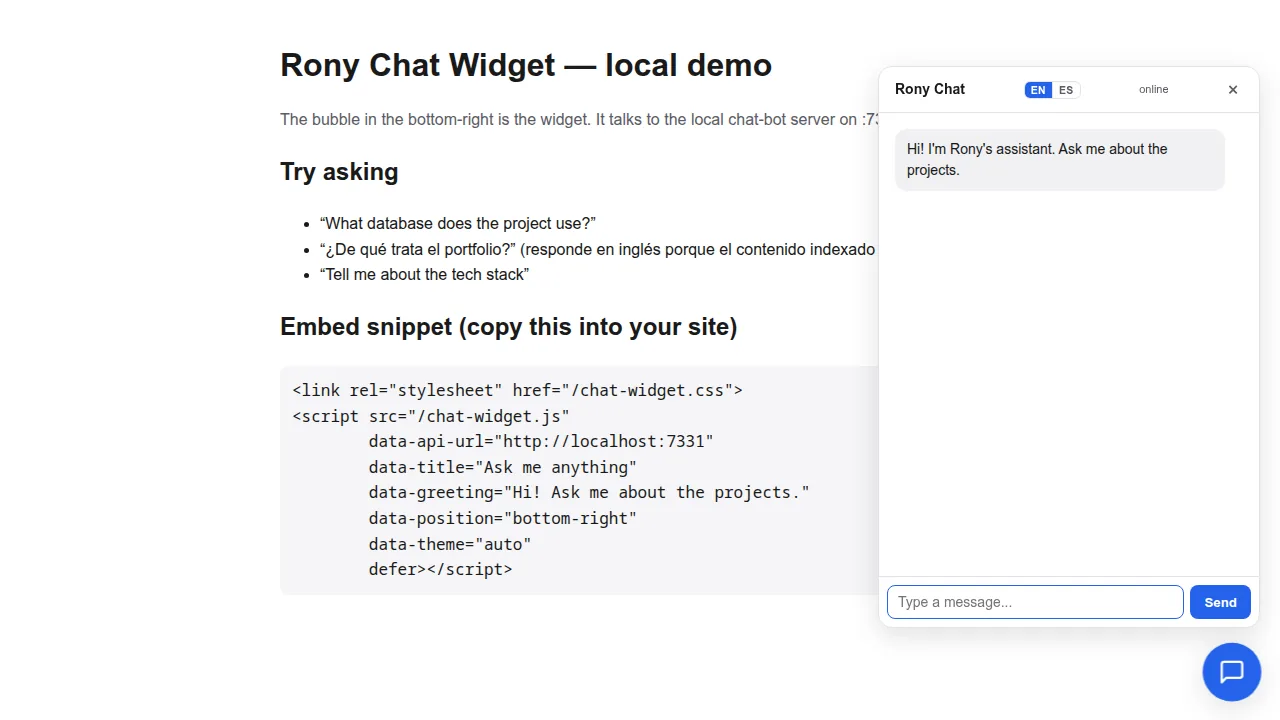 Rony Chat Widget running against the local bot