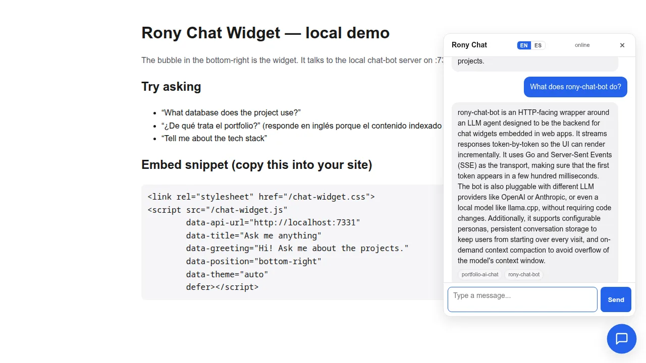 Rony Chat Widget showing a streamed answer and retrieved sources