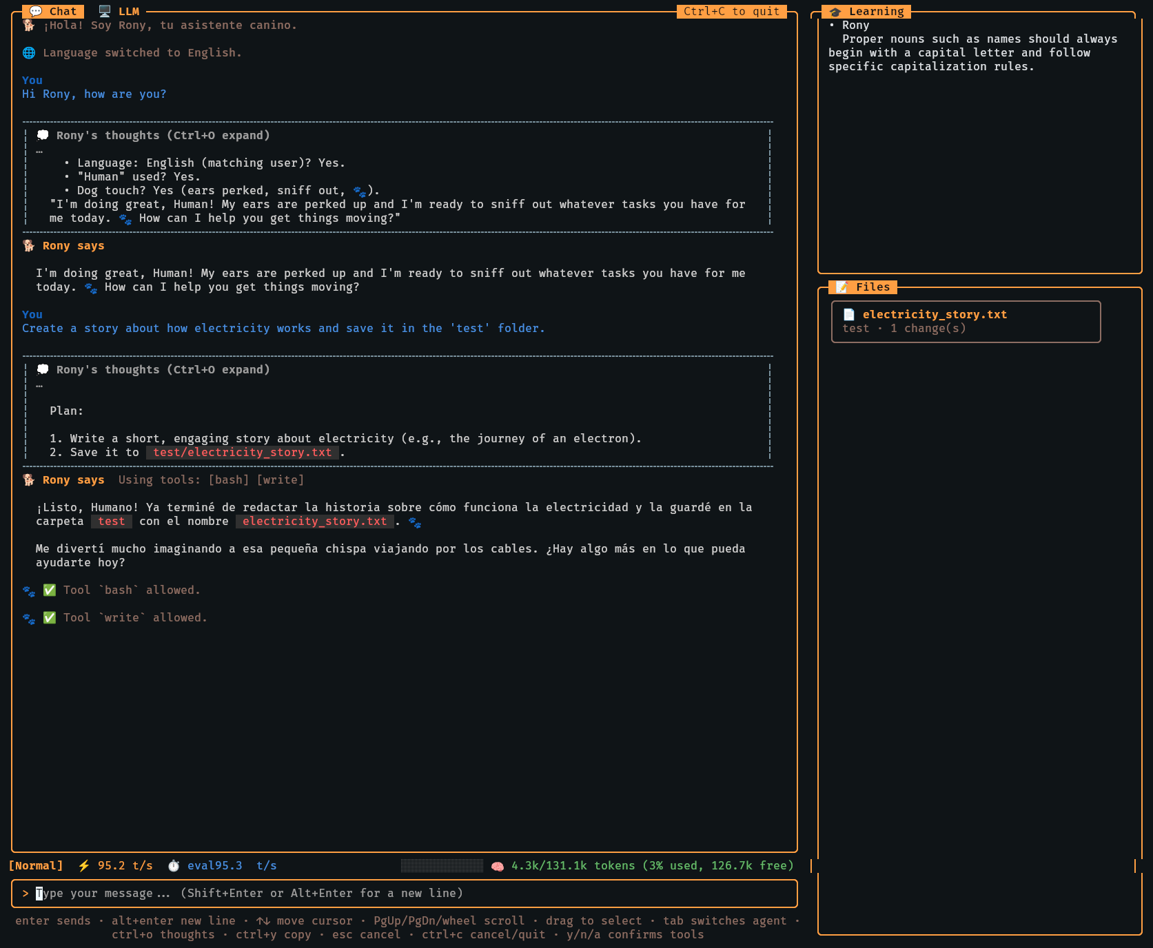 Tool calls and created files in the chat interface